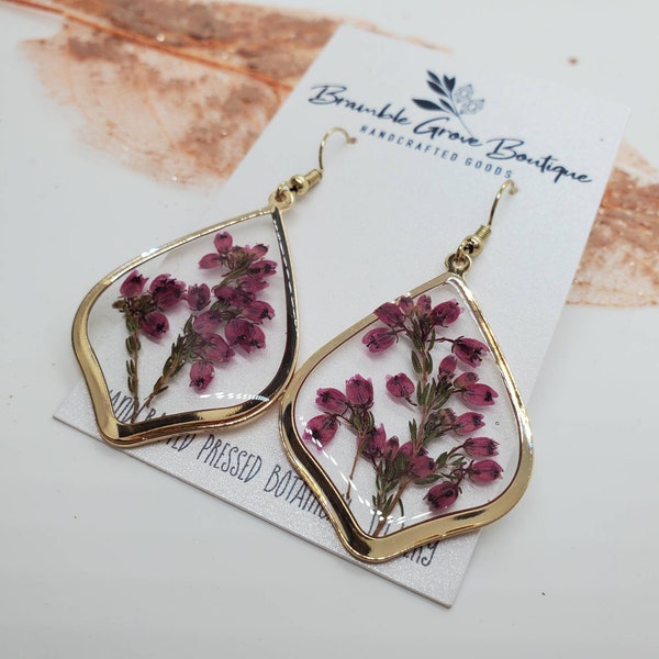 Real pressed Heather flower pear shaped handmade earrings