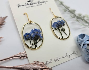Handmade real pressed blue forget me not flower gold oval earrings | botanical jewelry | gardener gift