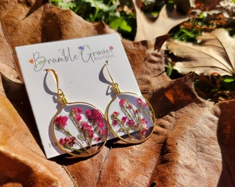 Handmade real pressed Heather flower earrings | botanical pink earrings | wedding floral jewelry | nature inspired earrings
