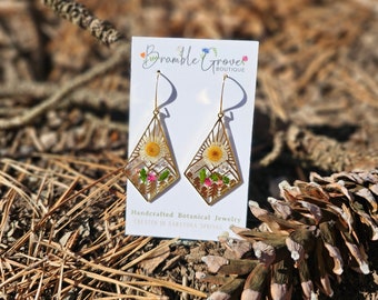 Handmade real flower and fern mountain landscape earrings | unique botanical jewelry | outdoors accessories