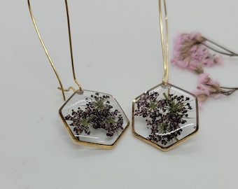 Handmade real pressed chocolate queen annes lace gold earrings | gardener gift