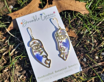 Handmade floral abstract face gold earrings | nature inspired pretty earrings | woodland jewelry | real floral gift for gardener