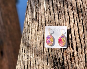 Handmade real pressed pink purple and yellow flower gold oval earrings | gardener gift | unique flora