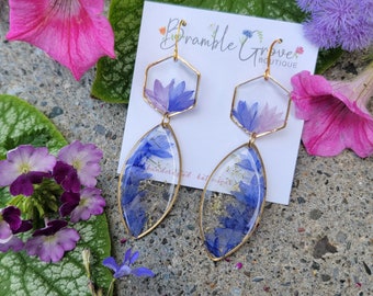 Handmade blue and purple bachelor button flower earrings | gardener gift