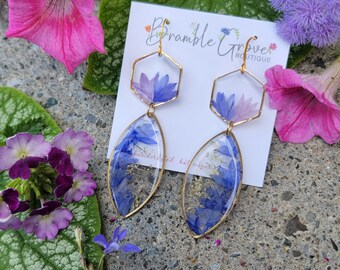 Handmade blue and purple bachelor button flower earrings | gardener gift