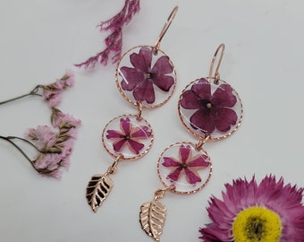 Handmade purple and pink verbena rose gold earrings | real flower jewelry  | gardener gift