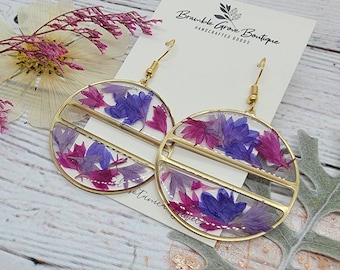 Handmade real pressed purple and blue cornflower botanical earrings | gardener gift  | nature gifts
