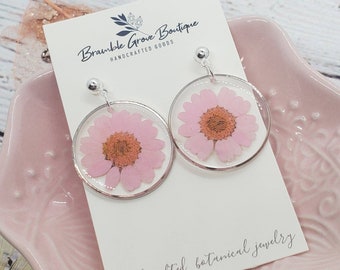Handmade beautiful pink and purple daisy silver earrings | gardener gift | botanical jewelry