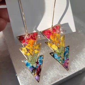 Rainbow preserved floral triangle earrings | real pressed handmade jewelry | summer colorful accessory | unique artsy earrings | garden gift