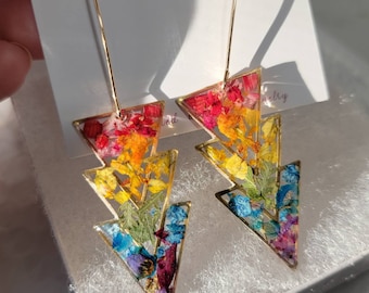 Rainbow preserved floral triangle earrings | real pressed handmade jewelry | summer colorful accessory | unique artsy earrings | garden gift