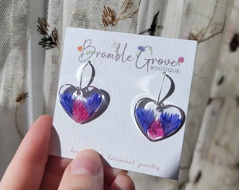 Handmade real blue and pink cornflower heart shaped earrings | silver dangle botanical jewelry | gardener gift | cottagecore accessories
