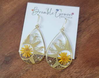 Handmade real sunbini flower sun teardrop earrings | botanical jewelry | gardener gift | unique plant accessories