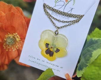 Handmade real pressed yellow pansy necklace | botanical jewelry | gardener gift