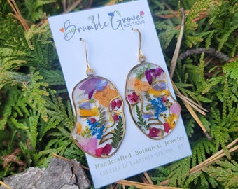 Handmade real-pressed botanical abstract face gold earrings
