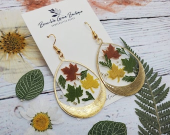 Handmade real flower and leaf fall earrings | botanical jewelry | autumn accessories