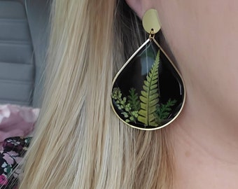 Handmade beautiful black botanical fern teardrop earrings | boho plant jewelry | gardener gift
