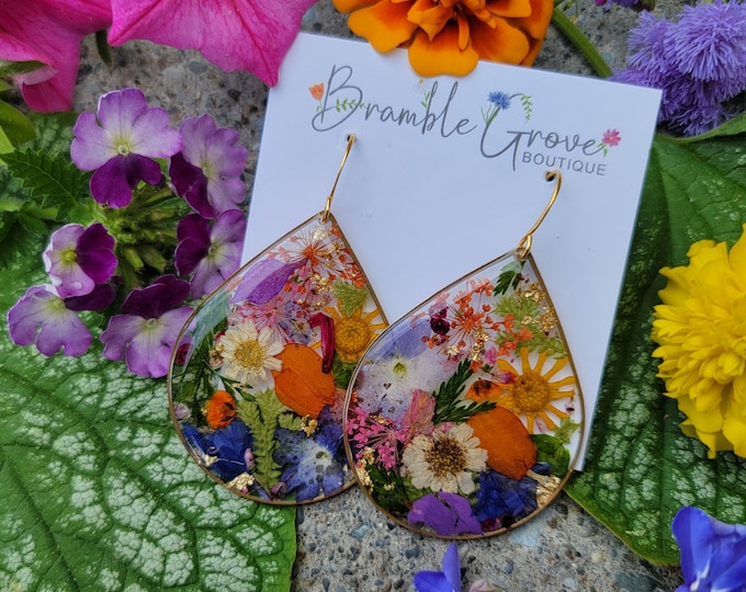 Featured listing image: Handmade to order unique Blooming Bud teardrop real flower earrings | gardener gift | botanical jewelry