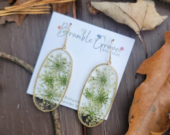 Handmade real pressed Queen Anne's Lace gold earrings | nature lover jewelry | gardener gift