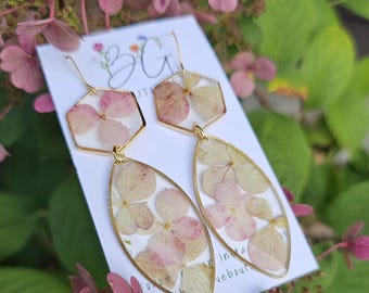 Handmade real mauve and green hydrangea garden earrings | boho flower jewelry | botanical accessories