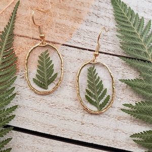 Handmade real pressed fern botanical earrings with gold trim Gold