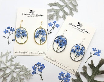 Handcrafted real blue forget me not flower earrings | botanical nickel free jewelry | gardener gift | boho accessories