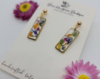 Handmade real pressed rainbow flower confetti earrings | cottagecore decor | gardener gift | botanical jewelry | woodland accessory