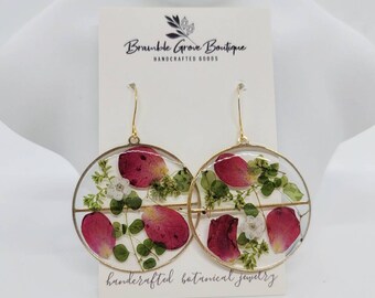 Handmade real rose petal and greenery Valentine's earrings | botanical jewelry | gardener gift