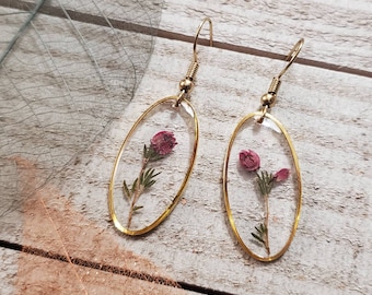 Handmade real pressed dainty heather flower gold oval earrings