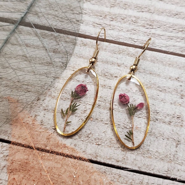 Handmade real pressed dainty heather flower gold oval earrings