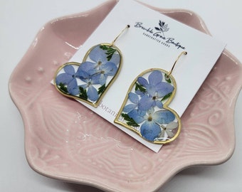 Handmade real pressed blue hydrangea heart shaped earrings | flower jewelry | gardener gift
