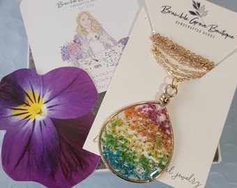 Handmade real flower rainbow necklace | gold teardrop jewelry | nature gift for gardener | summer necklace