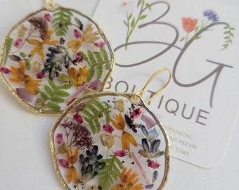 Handmade garden floral round gold earrings | real botanical art jewelry | beautiful unique gift for nature lover and friend | tropical style
