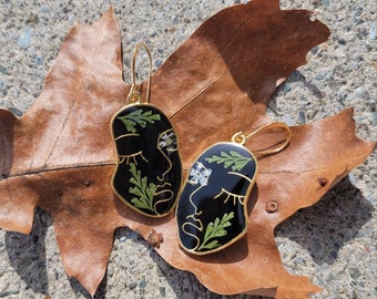 Handmade real pressed fern face earrings | black botanical jewelry | modern flower gift