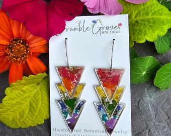 Rainbow preserved floral triangle earrings | real pressed handmade jewelry | summer colorful accessory | unique artsy earrings | garden gift