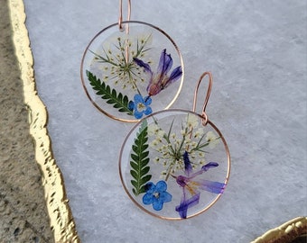 Handmade real pressed floral Earrings | white and blue botanical garden jewelry | Woodland Earrings and accessories