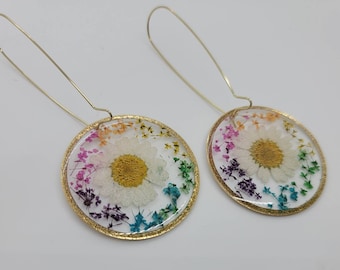 Handmade real flower rainbow daisy earrings | nature gift | botanical boho jewelry