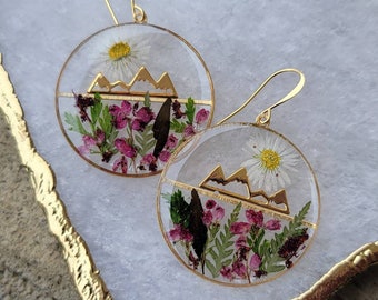 Handmade real flower and fern mountainscape earrings | botanical jewelry | gardener gift