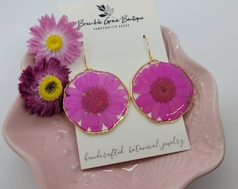 Handmade vibrant real pink and blue daisy earrings | gardener gift  | botanical jewelry