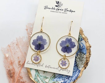 Handmade pretty blue verbena and forget me not earrings | floral jewelry  | gardener gift