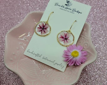 Beautiful handmade real pink striped verbena flower earrings | valentine's day collection | botanical jewelry