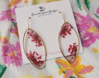 Handmade real pressed red queens lace floral earrings