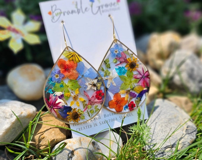 Featured listing image: Handmade to order unique Blooming Bud teardrop real flower earrings | gardener gift | botanical jewelry