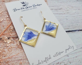 Handmade blue cornflower geometric earrings | simple botanical jewelry