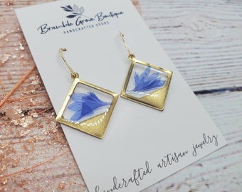 Handmade blue cornflower geometric earrings | simple botanical jewelry