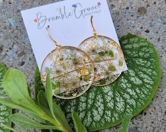 Handmade real pressed plant and flower botanical earrings | green and gold jewelry  | gardener gift