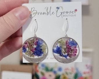 Handmade beautiful real pressed cornflower and heather flower earrings | gardener gift | silver nature jewelry