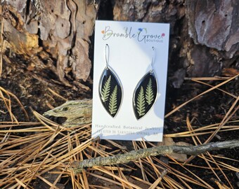 Handmade real pressed fern black botanical earrings | nature jewelry