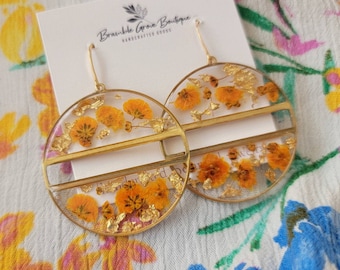 Handmade beautiful gold leaf and orange, red and blue flower bud earrings | gardener gift | fall botanical boho jewelry