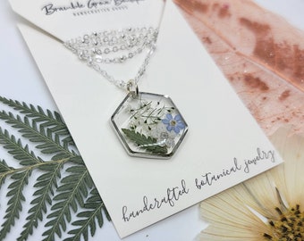 Handmade forget me not and fern silver necklace | real floral jewelry | gardener gift | nature accessories