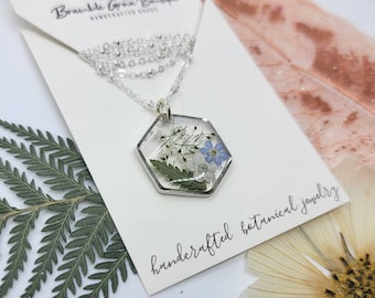 Handmade forget me not and fern silver necklace | real floral jewelry | gardener gift | nature accessories